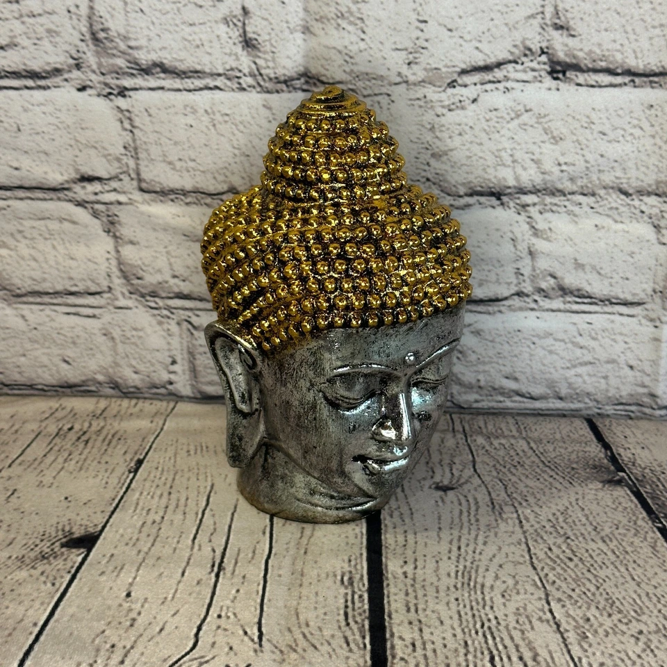 Plata Oro 15 cm Pequeña Cabeza de Buda Tailandés Estatua Resina Hindú Foto 3 de 4