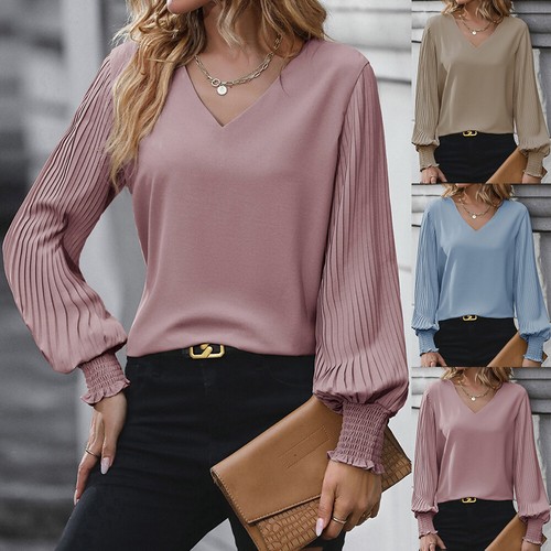 Women Ladies V-Neck Lantern Sleeve Solid T-Shirt Casual Loose Tunic Tops Blouse
