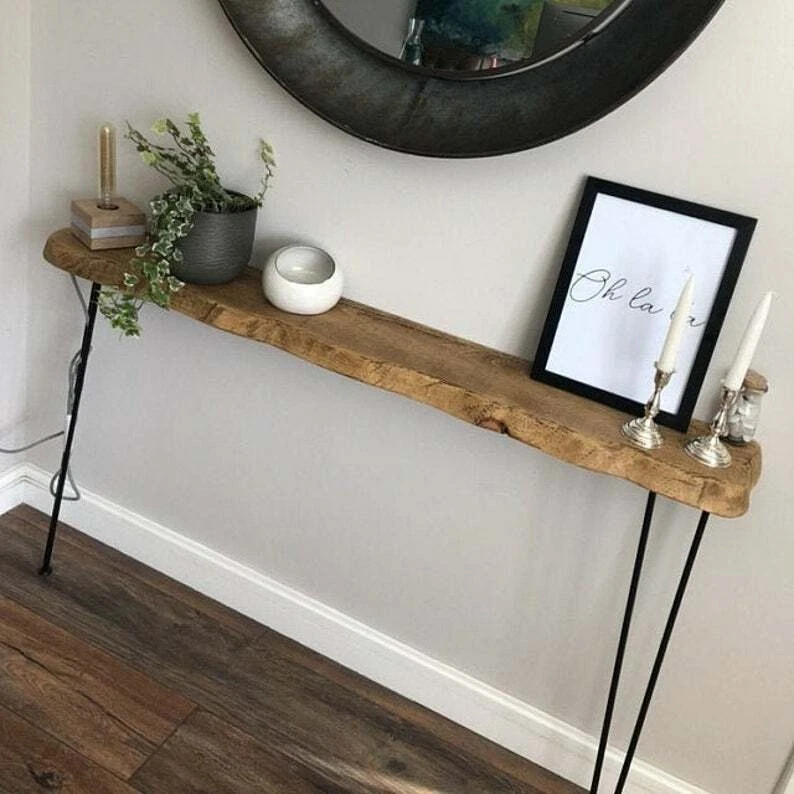 Live edge round corners console table with hairpin legs rustic reclaimed wood