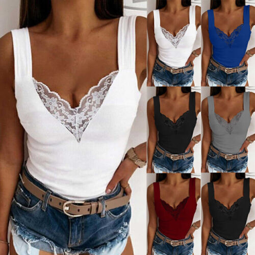 Women Sexy Lace V-Neck Cami Tank Top Vest Ladies Sleeveless Casual Loose T-Shirt
