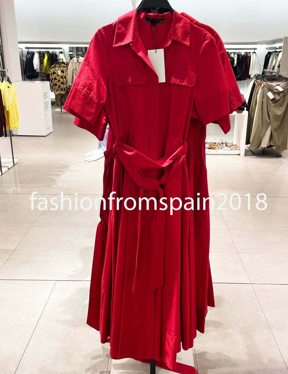 ZARA NEW WOMAN MIDI BELTED ZW COLLECTION POPLIN DRESS RED XS