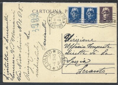 1945 35C X2 ON FULL POSTCARD 50C DA LA SPEZIA X LEVANTO