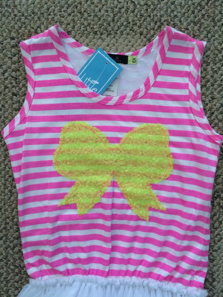 Tulle Tutu Dress Party Boutique Little Mass Pink & White Stripe Bow Girls 6 6X - Image 2 of 4