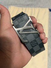 Louis Vuitton Men's Check Pattern Adjustable Dress Belt Buckle Black Gray 44mm