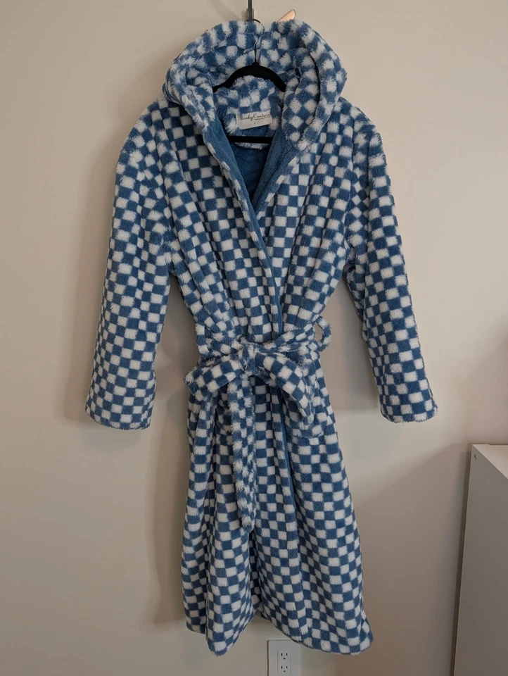 Bata súper suave a cuadros azul y blanco Minky Couture para adulto S Foto 2 de 4