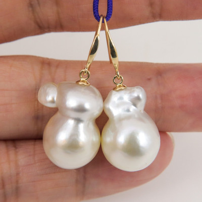 Huge Genuine South Sea Baroque Cultured Pearl Earrings, 14K Yellow Gold #107E