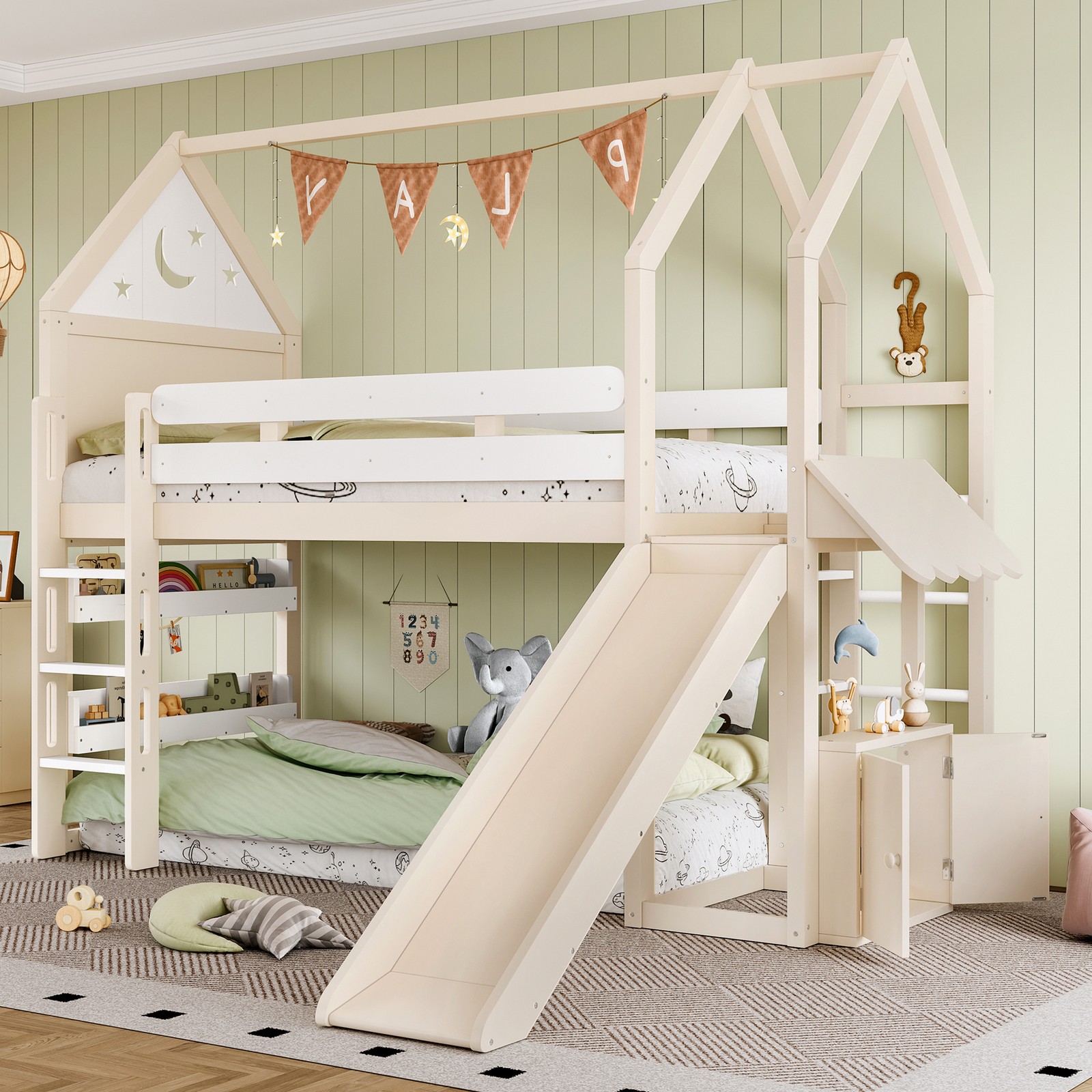 Twin Size Wood Loft Bed with Bookshelf & Slide,House-Shaped 