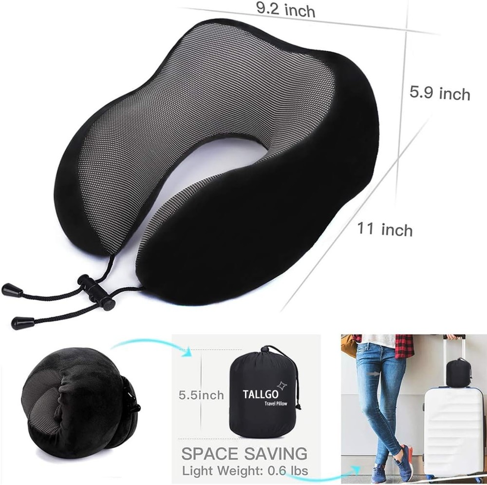 Travel Pillow, Best Memory Foam Neck Pillow Head Support Soft Black