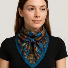 Vtg Silk Bird Print Scarf Teal Blue Multicolor Parrots Peacock Feathers Italy