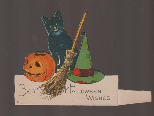 Vintage HALLOWEEN c1920 STANDUP PLACE CARD Black Cat JOL Broom EX ...