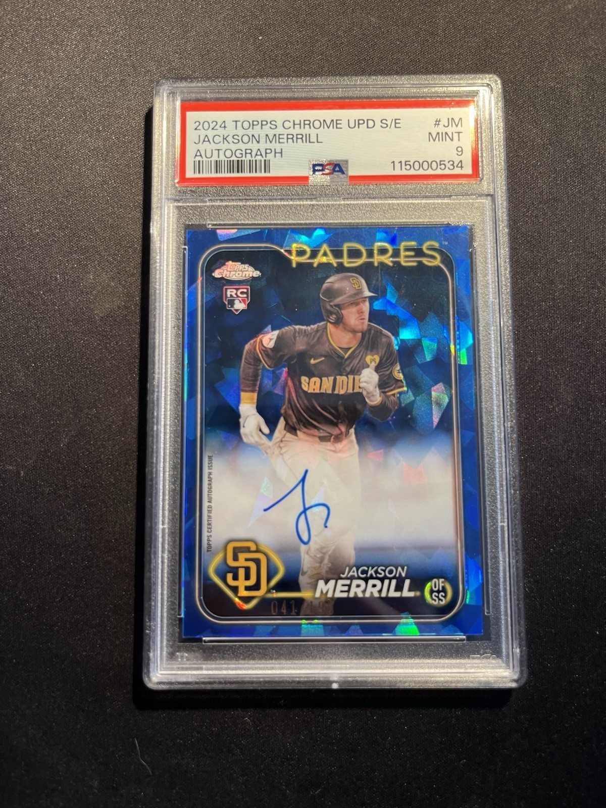 2024 Topps Chrome Update Sapphire  Jackson Merrill Auto /199, USA-JM, PSA 9