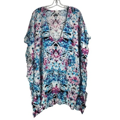 Bar III Womens XL Floral Kaleidoscope Caftan V-Neck Oversized Top 7MBR431M Blue