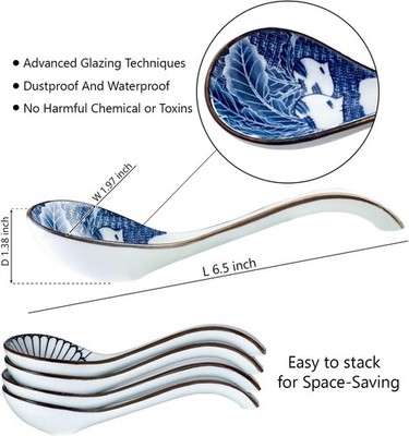 Asian Soup Spoon Set of 4, Ceramic Pho Spoons, Ramen Spoon