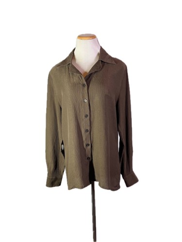 Escada, Vintage Escada Size 40 Brown Silk Button-Up Shirt Shoulder Pads