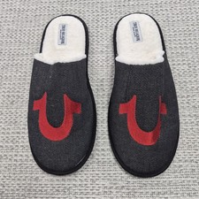 True Religion Slippers Adult Size 9-10 Black Denim Mule Faux Fur Lined Logo