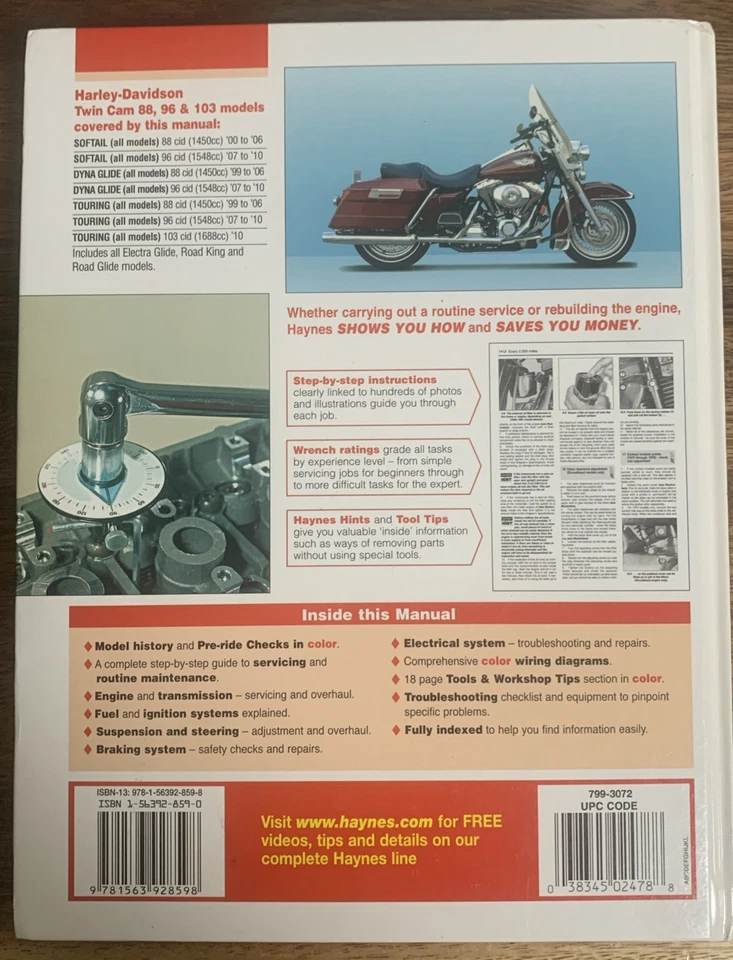 Manual de reparación/servicio Haynes '99-10 Harley Twin Cam 88/96/103 (M2478) tapa dura Foto 2 de 3