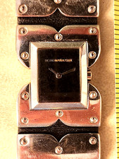 Ladies BCBG Maxazria BG6200 Silver Case Black Leather Bracelet Watch NEW BATTERY