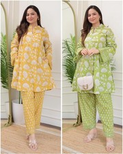 Women  s Kurta Pant Set   Yellow  Green Cotton Floral Print Ethnic Wear