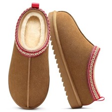 Women  s Genuine Suede Slippers, Fuzzy Warm House Shoes for Indoor 9 Chestnut