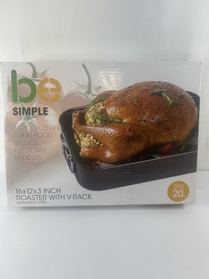 Basic Essentials Simple Roaster Pan with drop down handles and V-Rack 16x12x3