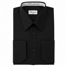 Berlioni Italy Men's Premium French Convertible Cuff Solid Dress Shirt Black