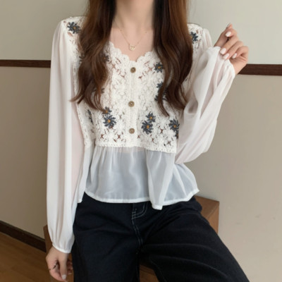 Ethnic Women Crochet Flower Blouse Chiffon Knit Spliced Pullover Shirt Top Sweet