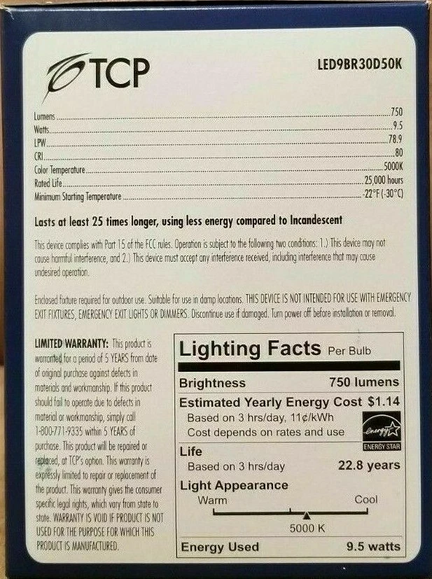 Elite LED Lamps TCP LED 9W BR30 Dimmable 5000K, LED9BR30D50K - Image 2 of 4