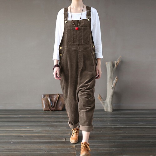 Stock Womens Corduroy Trousers Romper New Vintage Dungaree Overalls Long Pants - Picture 13 of 14