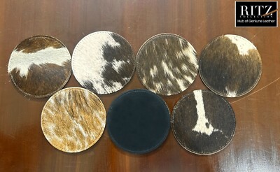 Real Cowhide Tea Coaster Cowhide Drink Coasters Hair On Round Shape - Set of 6