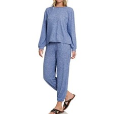 Zenana Small Matching Set Heather Blue Jogger Pant Long Sleeve Top