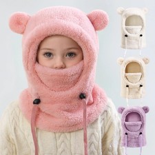 Kids Bear Ear Winter Hood Hat Neck Warmer Face Mask Warm Hat Boys Girls 2-10Y UK