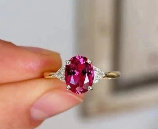 Anillo de diamantes y zafiros rosados de corte ovalado de 3,75 quilates de oro amarillo sólido real de 14 k Foto 3 de 4