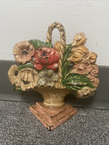 Hubley #484 "Poppies And Snapdragons" Cast Iron Floral Basket Doorstop 1930s