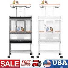 3-in-1 Bird Cage w/Rolling Stand Playtop Wrought Iron Parrot Cage Black/White