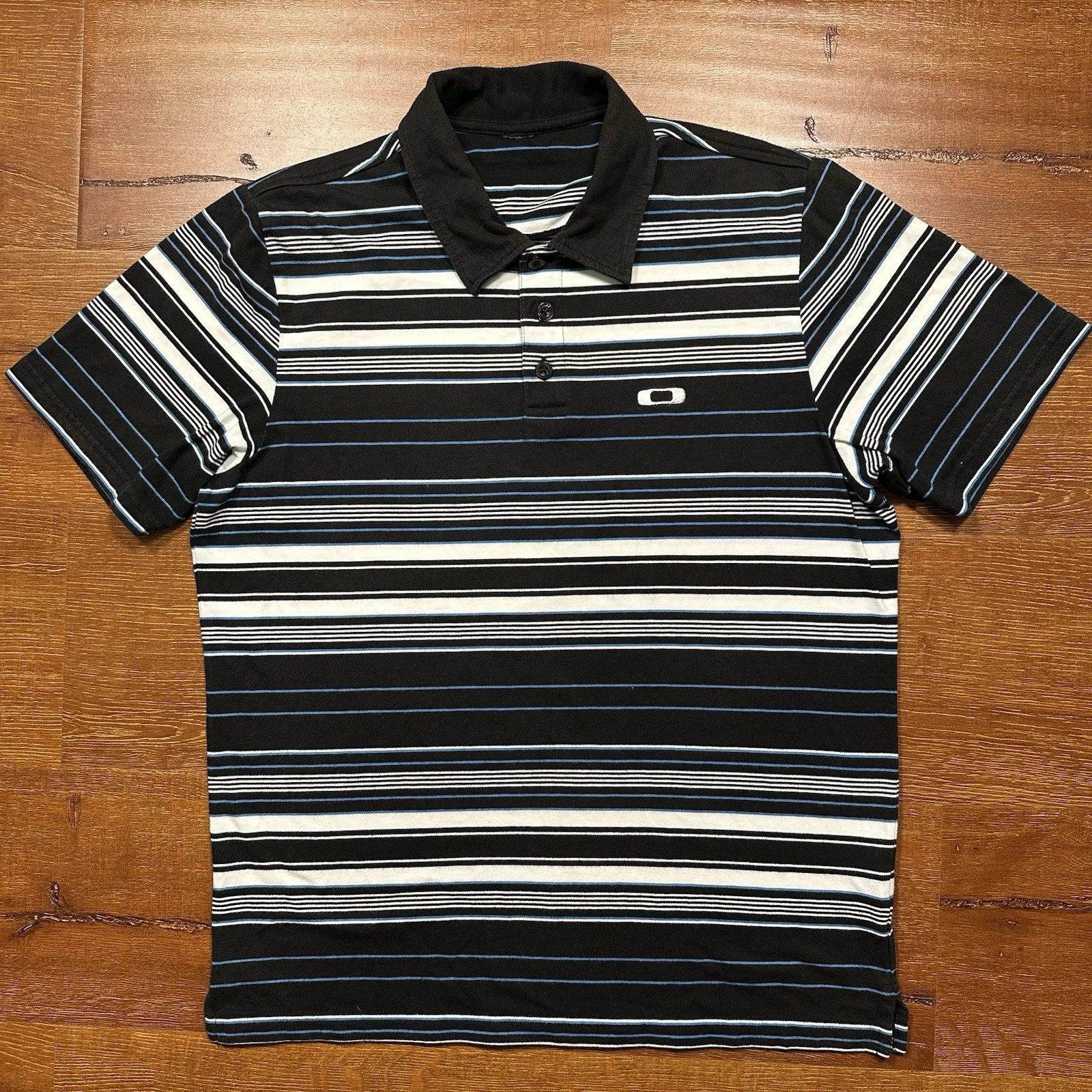 Vintage Oakley Polo Shirt Mens M Black Stripe Short Sleeve Retro Preppy Dad VTG