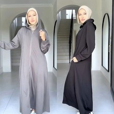 Ramadan Long Dress Zipper Abaya Dubai Women Hooded Kaftan Muslim Maxi Robe Arab