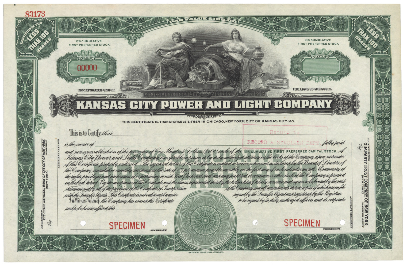 Kansas City Power and Light Company. Stock Certificate.