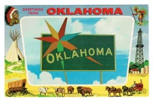 Greetings From Oklahoma OK Postcard Historic Places Tepee Oil Derrick Bison