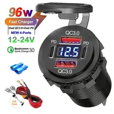96W Dual PD Dual QC 3.0 USB Car Charger with Voltmeter Socket Power Adapter