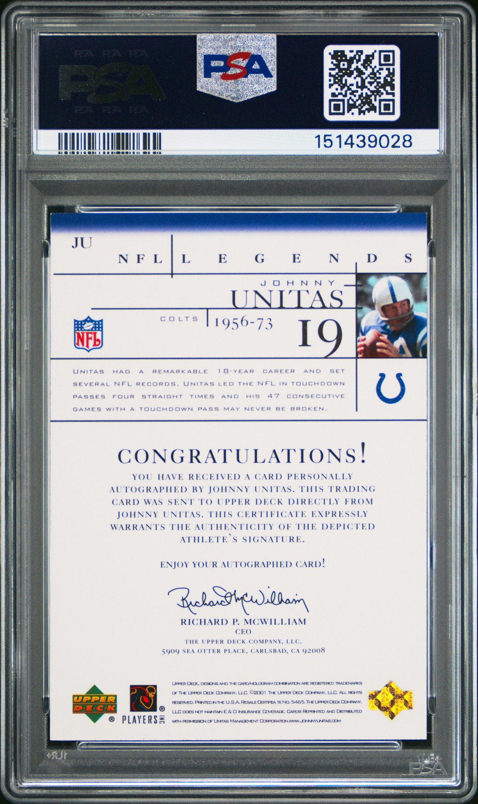 2001 UD LEGENDS AUTOGRAPH ON-CARD #JU JOHNNY UNITAS PSA 8 AUTO view 2