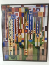Frank Lloyd Wright Metal Framed Saguaro Cactus Flowers Stained Glass Art 