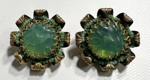 Stunning Vintage Miriam Haskell Green Glass Seed Beads Gold Tone Flower Earrings