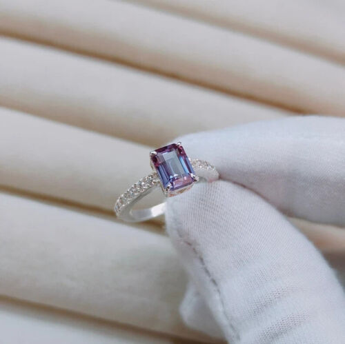 Octagon cut Alexandrite Gemstone Jewelry 14K Solid White Gold Rings For Women - Picture 3 of 11
