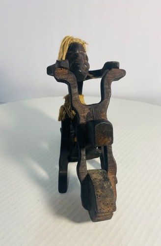 Rare Primitive Java Man on Motorcycle Wooden Carving and Jute Tribal Sculpture - Picture 8 of 18