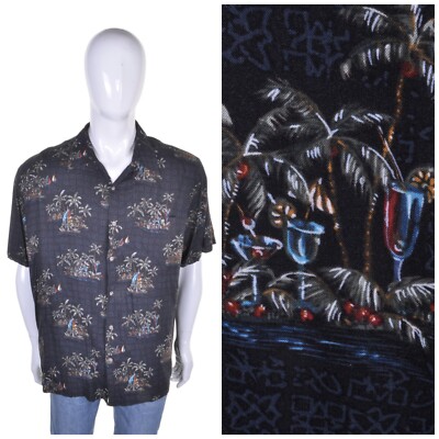 Vintage Hawaiian Shirt XXL 2XL Cocktail Yacht Palmbaum Tiki Druck Rockabilly