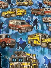 FIRETRUCKS FLAMES FIREMEN HELMETS BADGES BLUE BACKGROUND COTTON FABRIC FQ