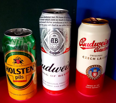 x3 LEERE BIERDOSEN 440/500/568ml BUDWEISER BELGIEN, BUDWAR TSCHECHIEN HOLSTEN GERMANY