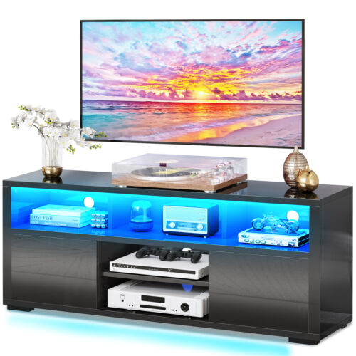 High Gloss TV Stand Cabinet Unit with LED Lights Entertainment Center for 60" TV - Afbeelding 1 van 9