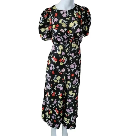 ASOS Petite Ultimate Midi Tea Dress, Short Sleeve, Black Floral Print, Size 4