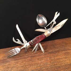 Vintage Pocket Knife Camping Survival Spoon Fork Scissor Saw Multi-Tool